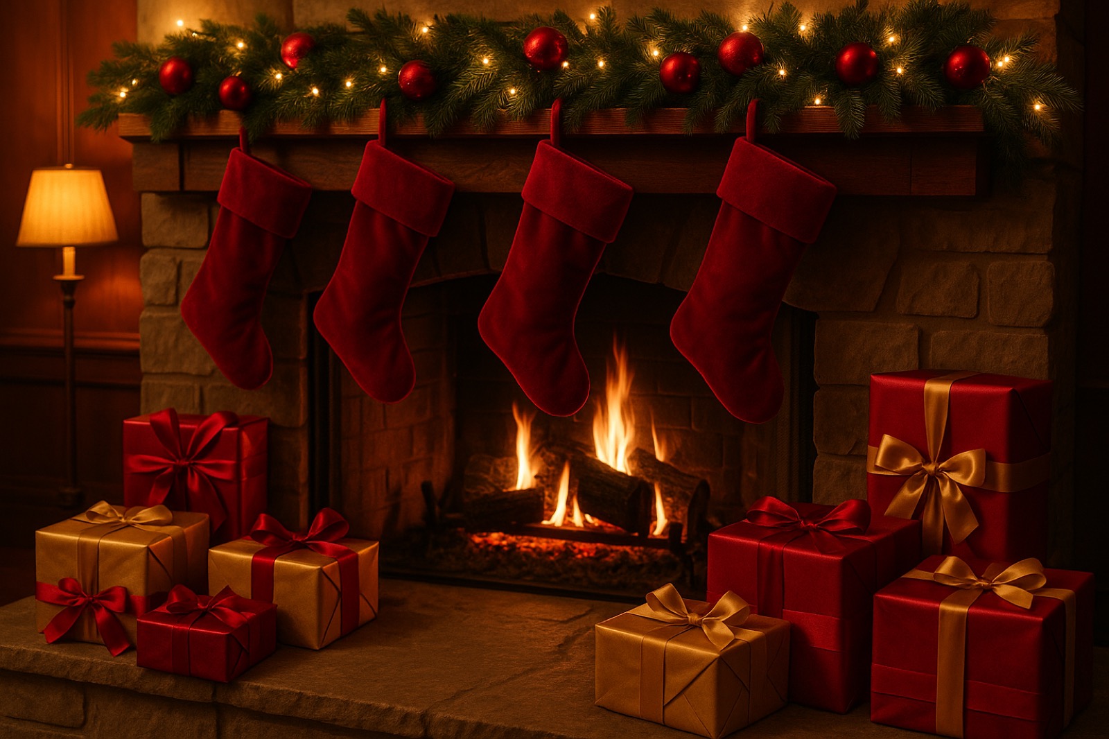 Chimenea navideña con medias rojas, guirnalda iluminada y regalos
