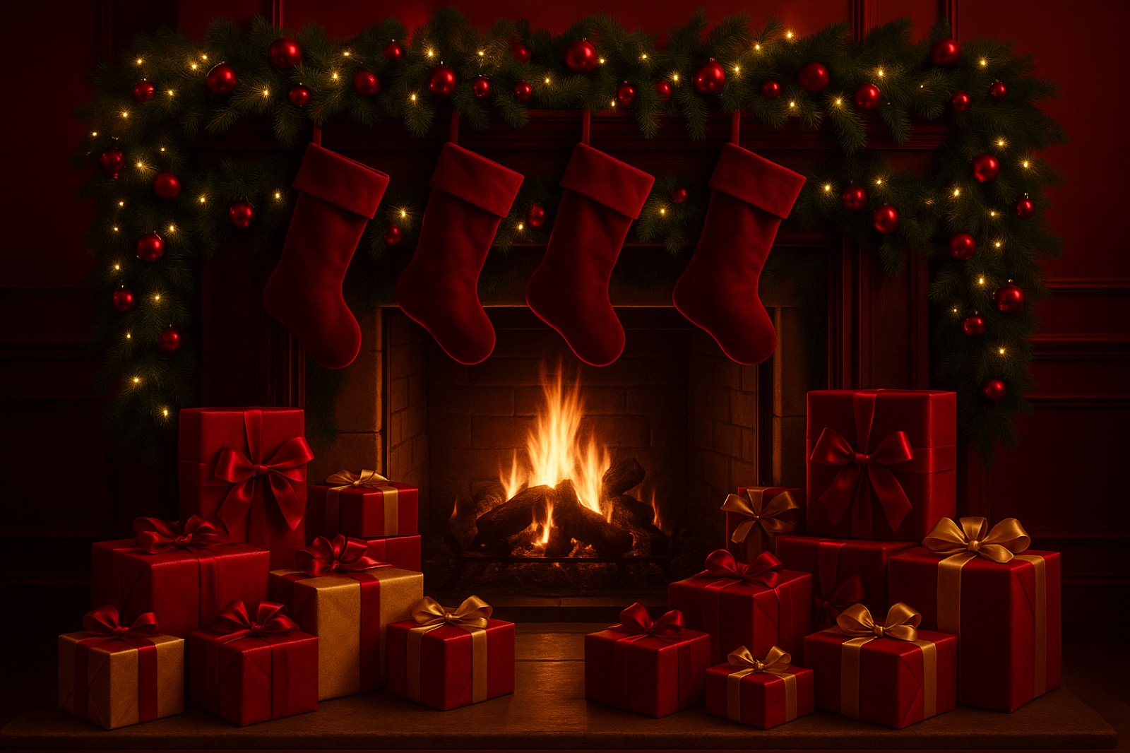 Chimenea encendida con medias rojas, guirnalda iluminada y regalos envueltos en rojo y dorado