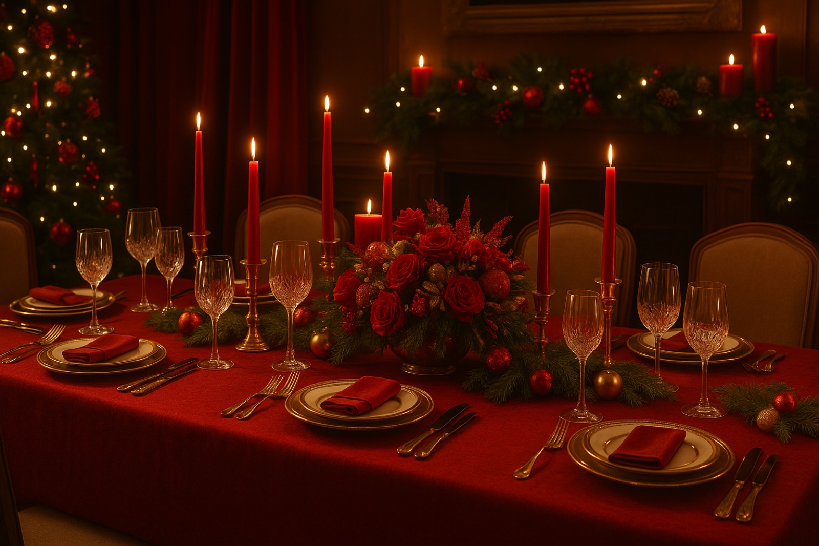 Comedor con mantel rojo puesto para la cena navideña: cristalería, velas rojas y centro de rosas