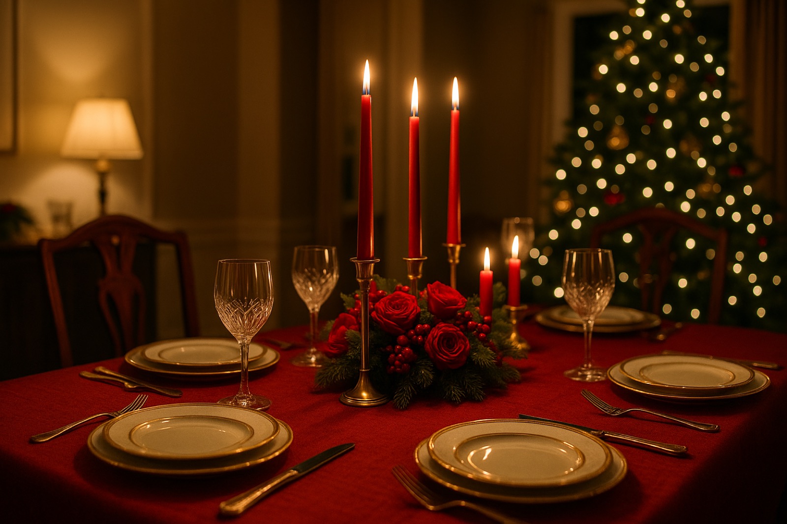 Comedor navideño con mantel rojo, cristalería y centro de mesa de rosas