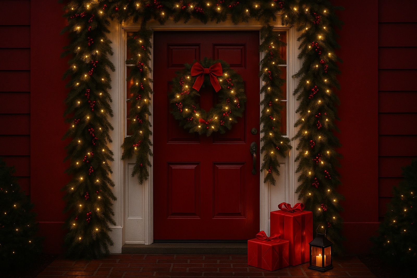 Puerta de entrada navideña en rojo con corona de pino, moño y regalos