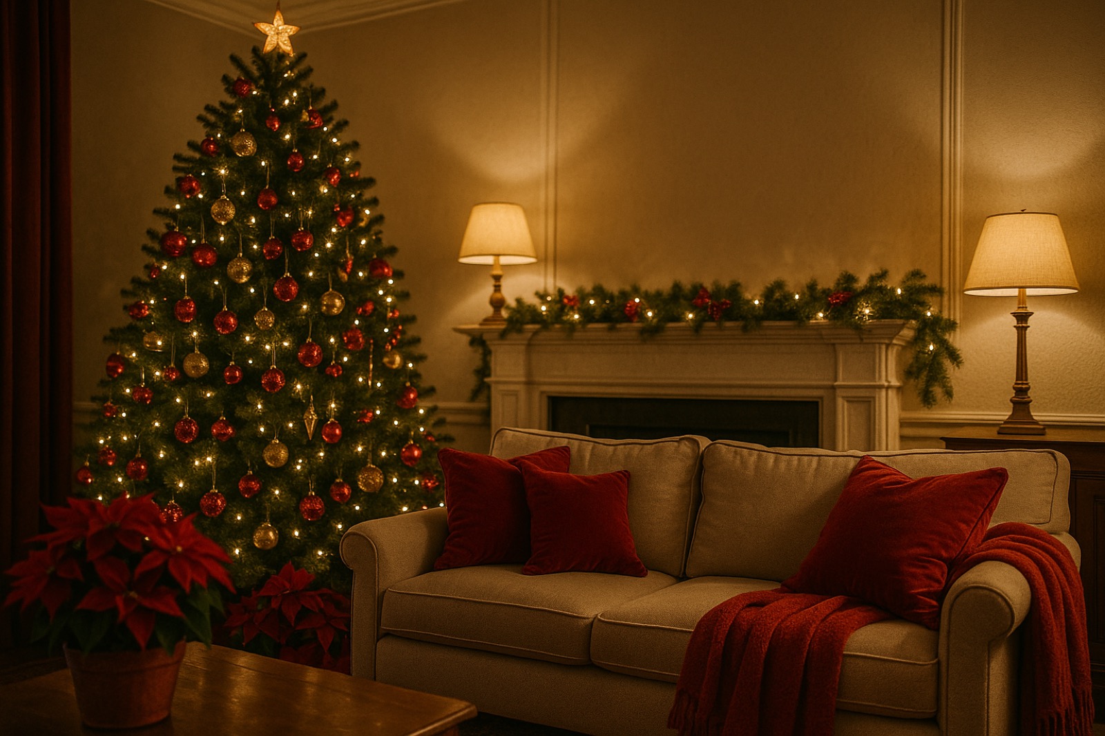 Sala decorada para Navidad con chimenea encendida y árbol iluminado