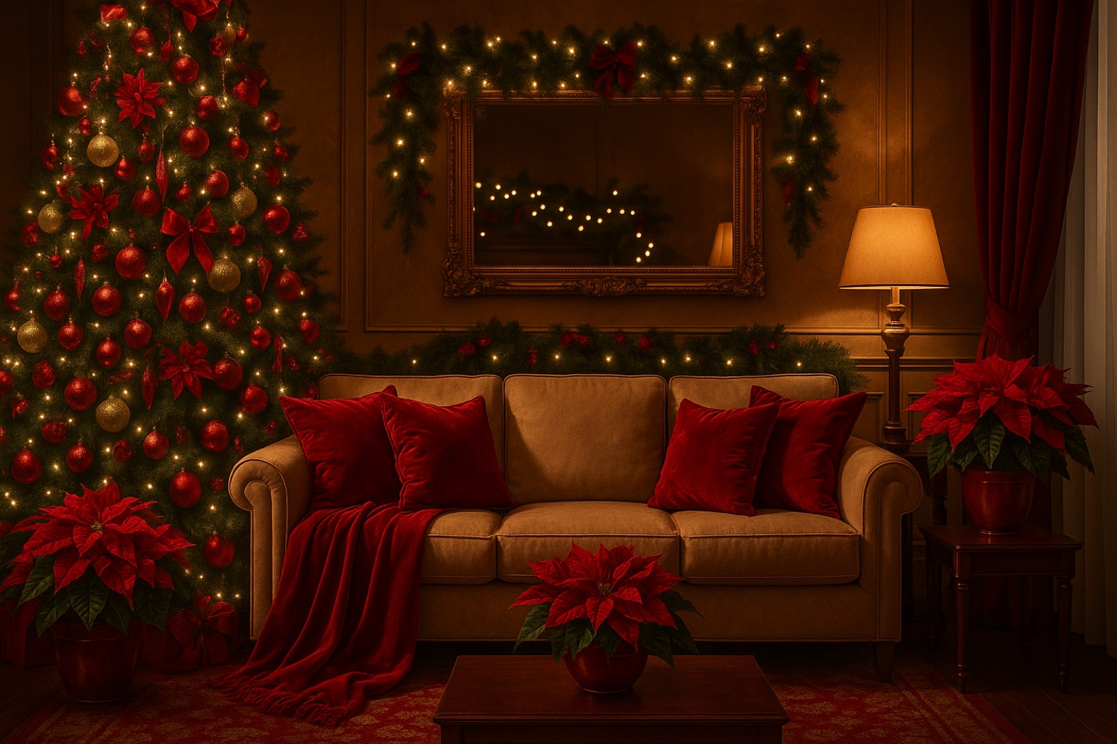 Sala decorada para Navidad con árbol iluminado, cojines y textiles rojos y nochebuenas