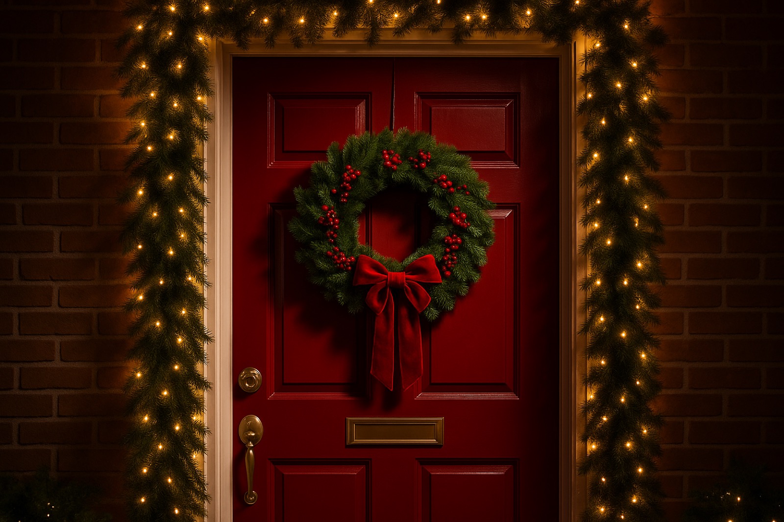 Puerta de entrada vestida con corona y follaje navideño