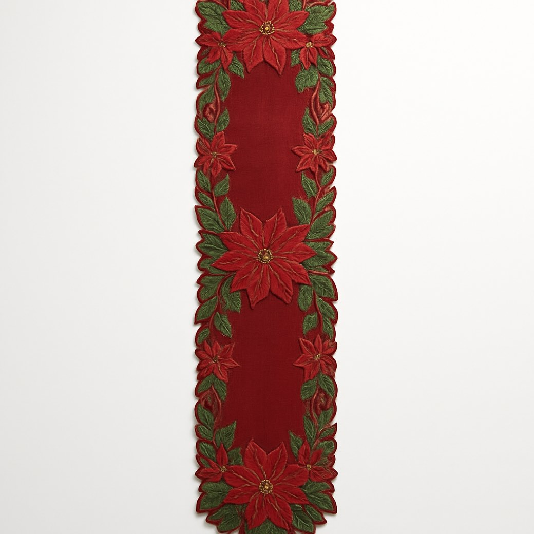 Camino de mesa rojo, bordado de nochebuena — textiles de mesa de Galería Navidad