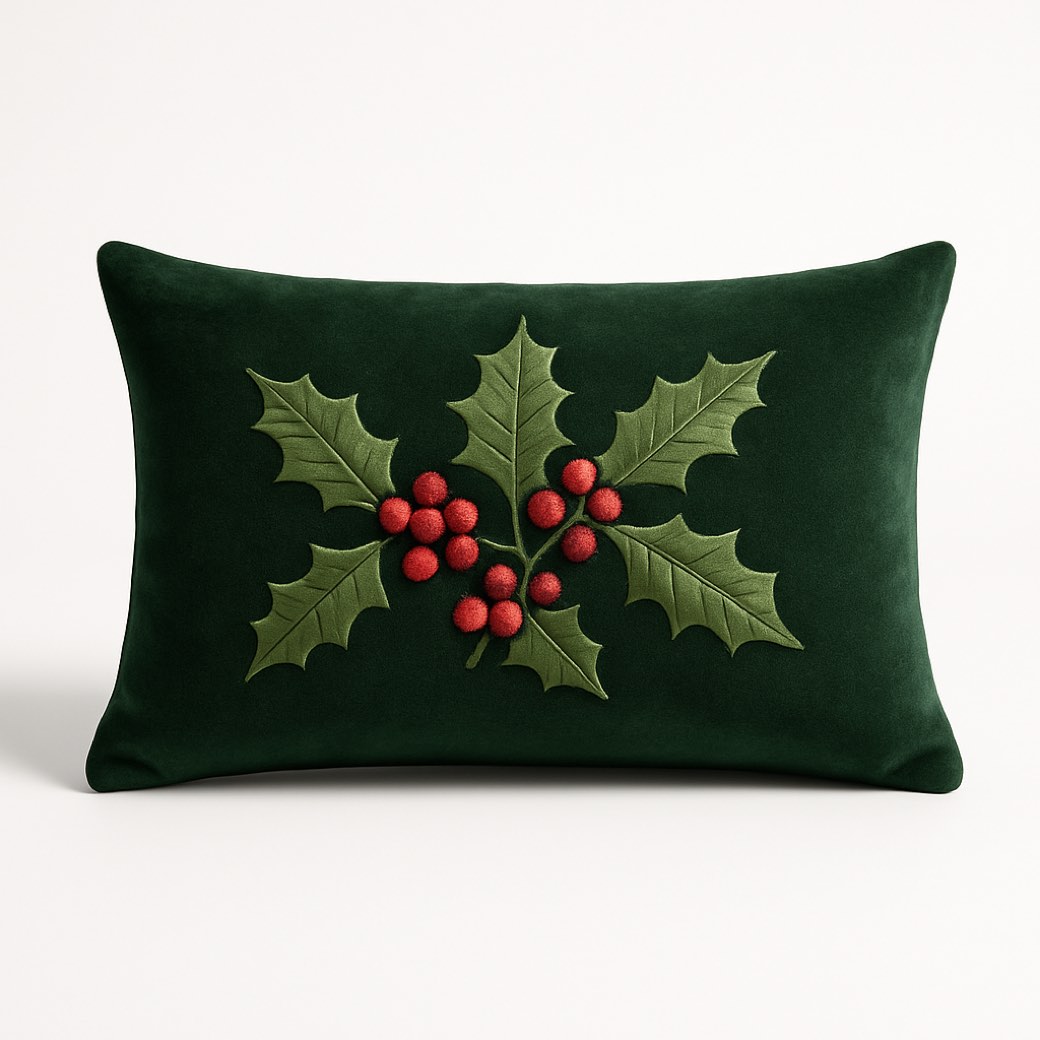Cojín navideño verde, de acebo — cojines de Galería Navidad