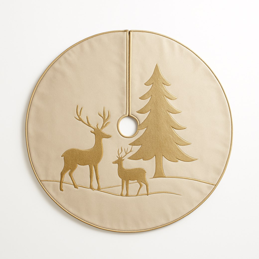 Faldón de árbol dorado, con aplicación de reno · 122 cm — faldones de árbol de Galería Navidad