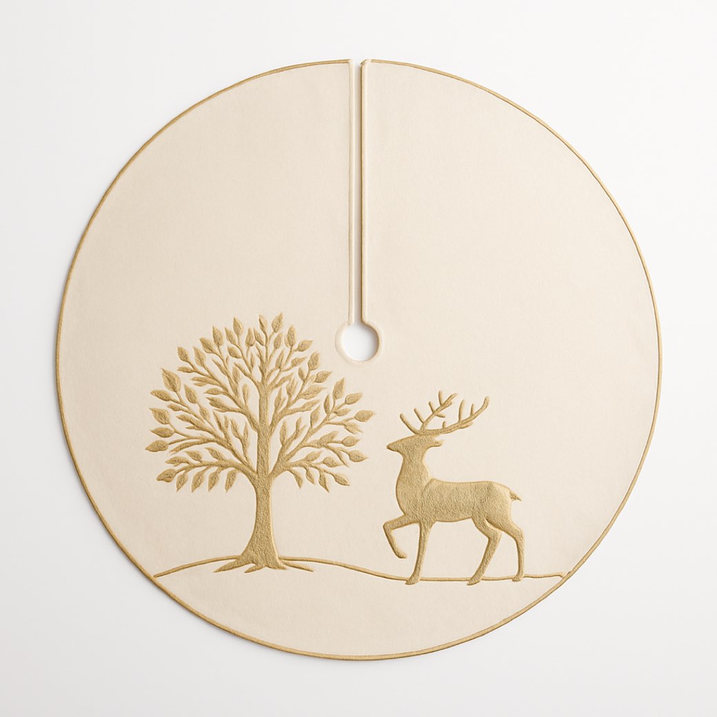 Faldón de árbol dorado, con aplicación de reno · 122 cm — faldones de árbol de Galería Navidad